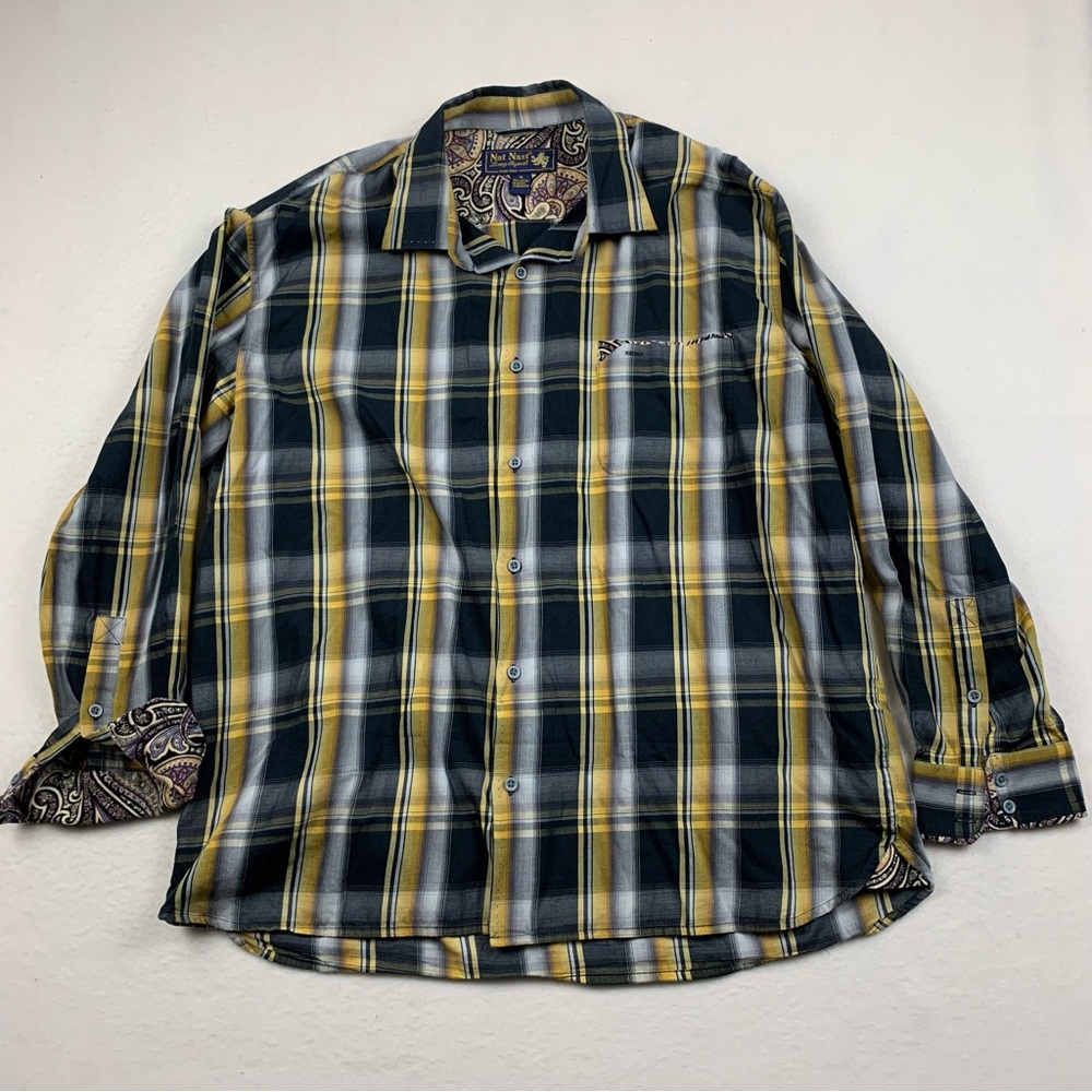Nat Nast Shirt Mens XL‎ Luxury Originals Plaid Flip Cuff Micro Corduroy Paisley
